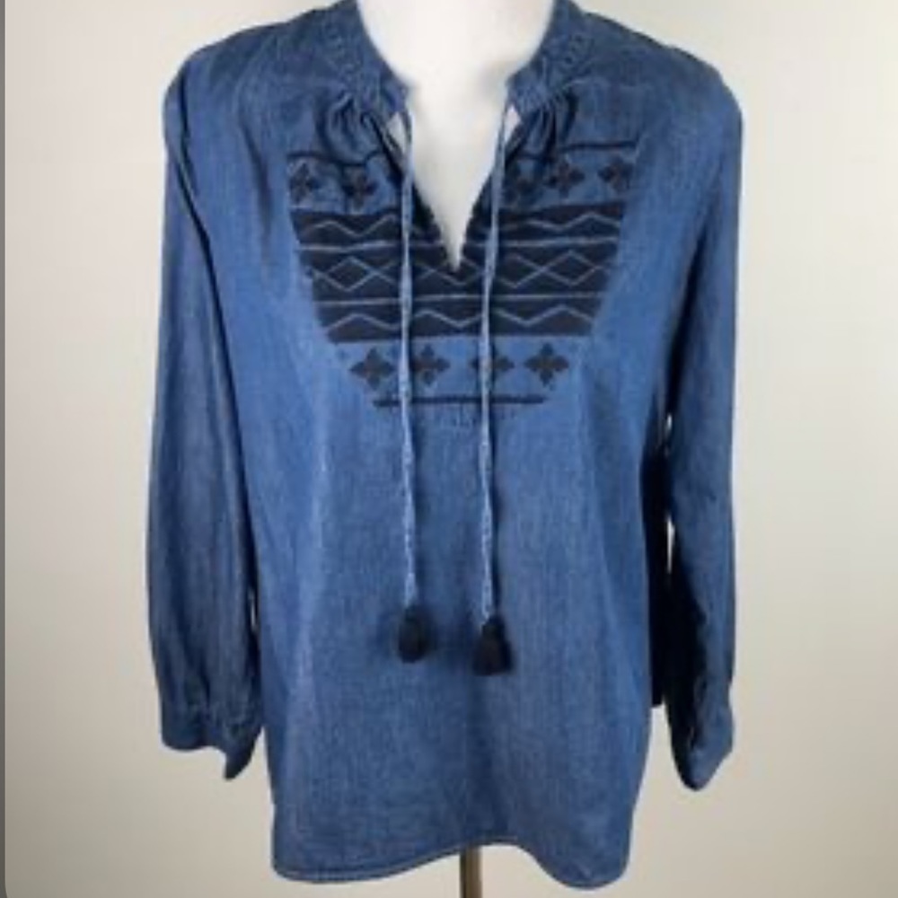 The Loft Lounge | Denim Embroidered Chambray Top